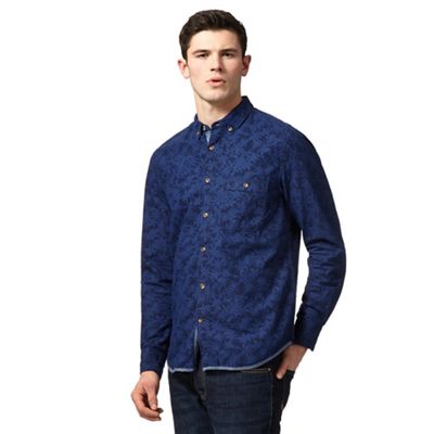 Dark blue floral print button-down shirt